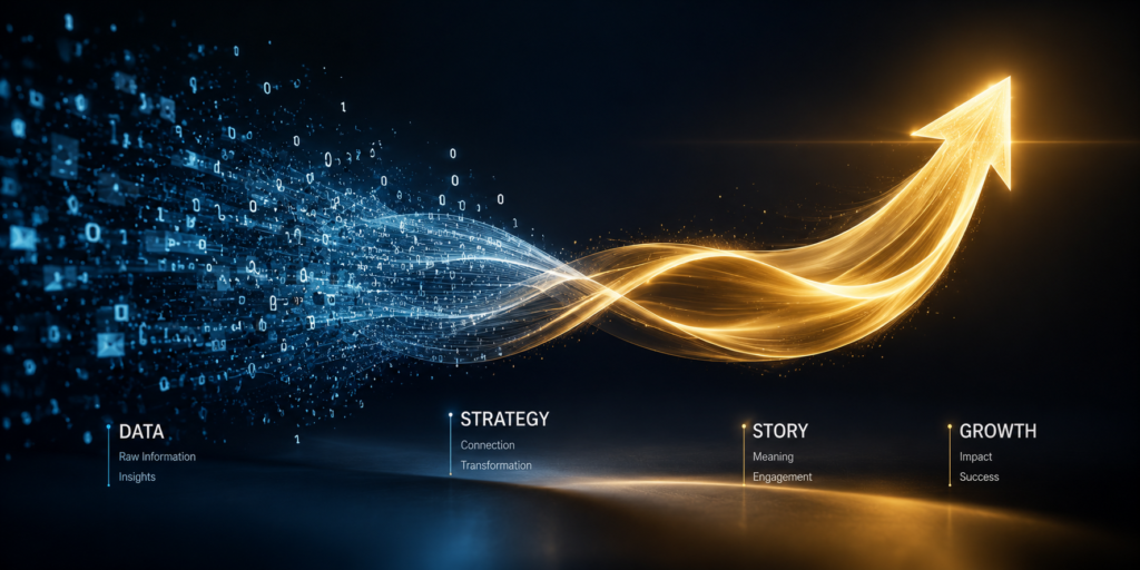 A high-end 3D visualization of data-driven storytelling, showing digital code and narrative flow weaving together to form a polished growth arrow, representing performance and branding.
