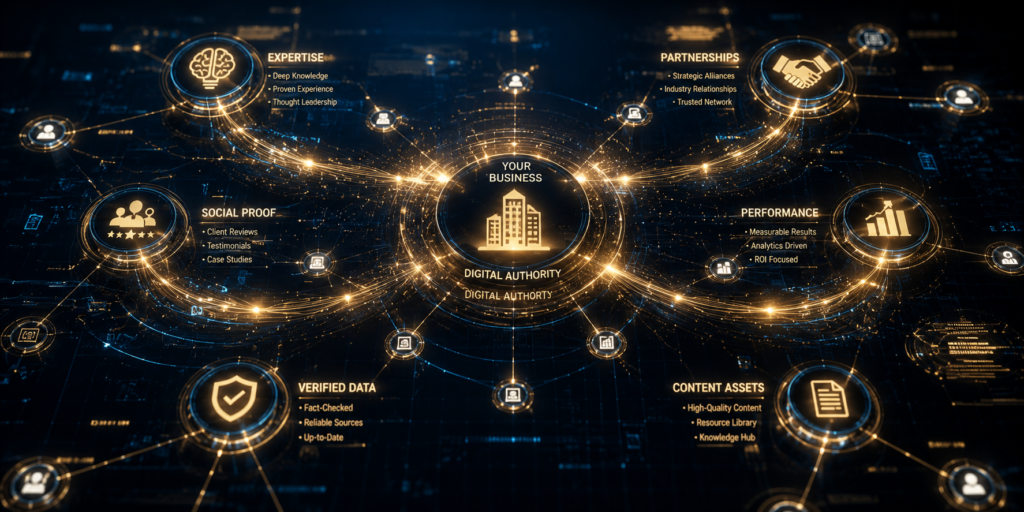 A high-end 3D visualization of a Digital Knowledge Graph, showing a central business entity connected by data streams to verified expertise and partnerships, representing Entity Authority.