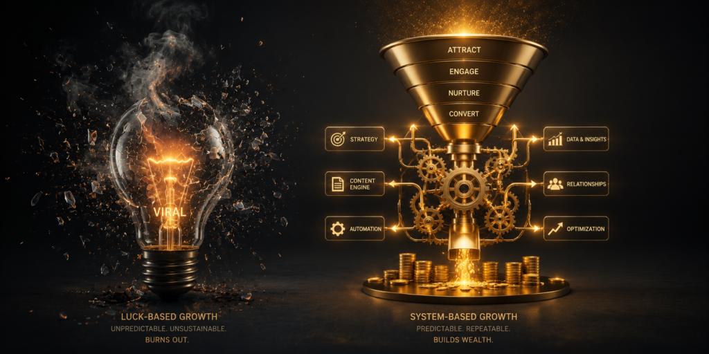 A 3D visualization contrasting unstable viral trends with a structured, professional revenue funnel, symbolizing the shift to sustainable business growth.