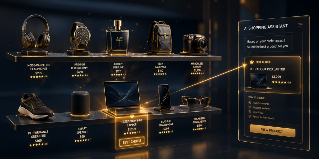 A 3D visualization of AI-driven ecommerce, showing an AI assistant highlighting a recommended product on a digital shelf, representing Answer Engine Optimization for online stores.