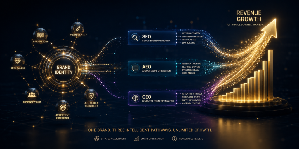 A 3D visualization of a unified digital strategy, showing SEO, AEO, and GEO funneling into a single growth path for a brand entity, representing authority in AI search.