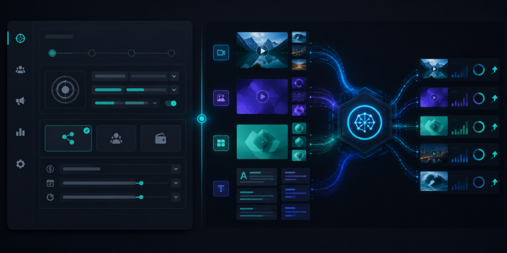 Modern performance dashboard visualizing AI-powered media buying with a creative asset pipeline and machine learning engine.