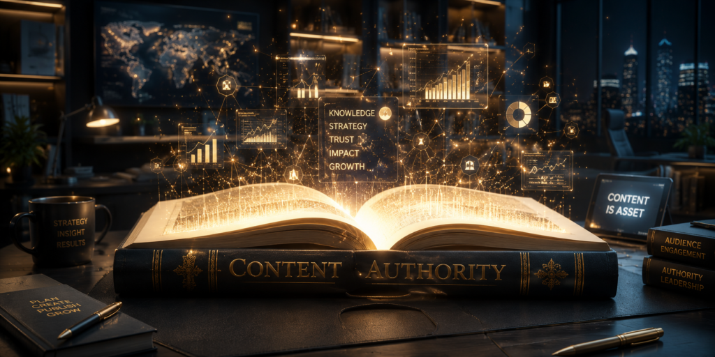 A high-end 3D visualization representing Content Authority, featuring a glowing digital book with holographic data nodes and charts, symbolizing research-backed brand strategy and digital expertise.