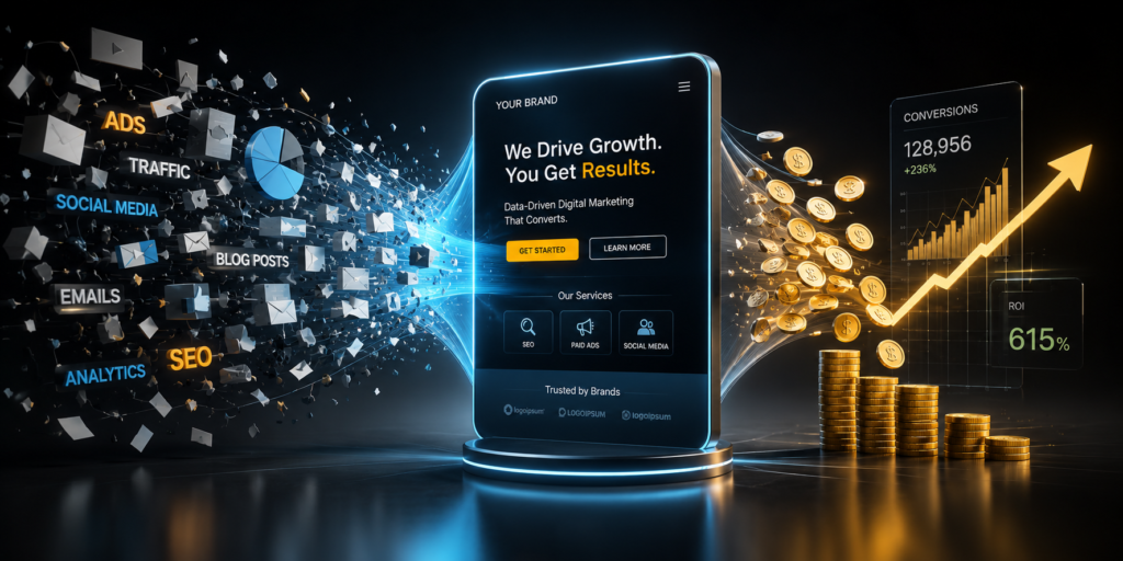 A high-end 3D visualization of high-conversion design, showing fragmented data transforming into a sleek, optimized landing page that drives revenue and growth.