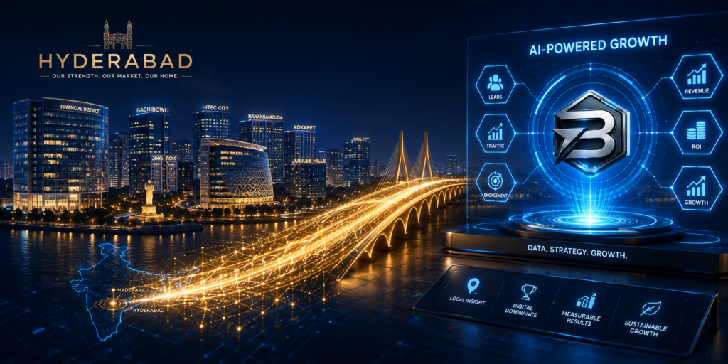 A 3D visualization of a digital marketing agency in Hyderabad, representing AI-powered growth strategies connecting local businesses to digital success.