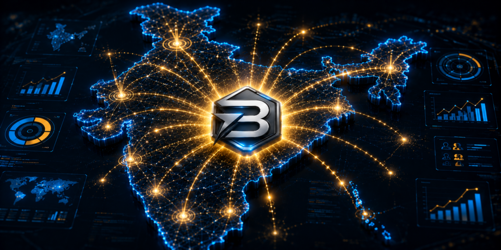 A 3D visualization representing a top AI Powered Digital Marketing Agency in India, featuring a centralized digital network across a stylized map of India, symbolizing data-driven growth.
