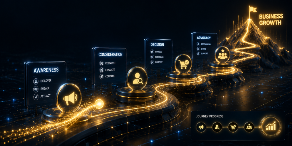 A 3D visualization of a customer journey map, showing the path from awareness to advocacy, representing a streamlined lead generation strategy.