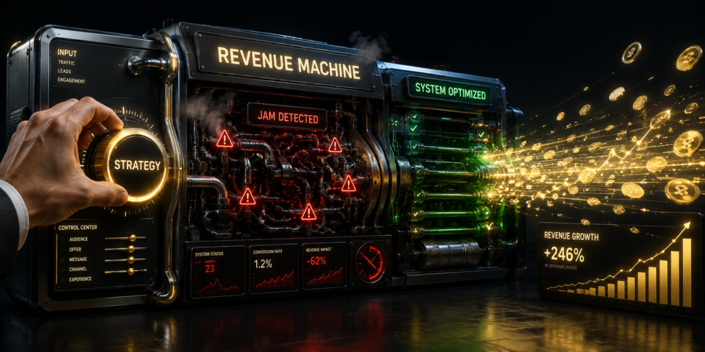 A 3D visualization of fixing a failing digital marketing campaign, turning a jammed system into a streamlined, high-revenue growth engine.